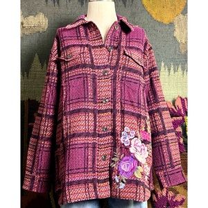 Johnny Was Pink & Purple Plaid Embroidered Pea Coat